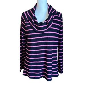 Talbots Top Women's Large Navy Pink Striped Long Sleeve Cowl Neck‎ Waffle Knit